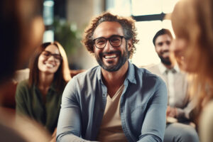 man smiles while talking with peers about the benefits of an alcohol detox program